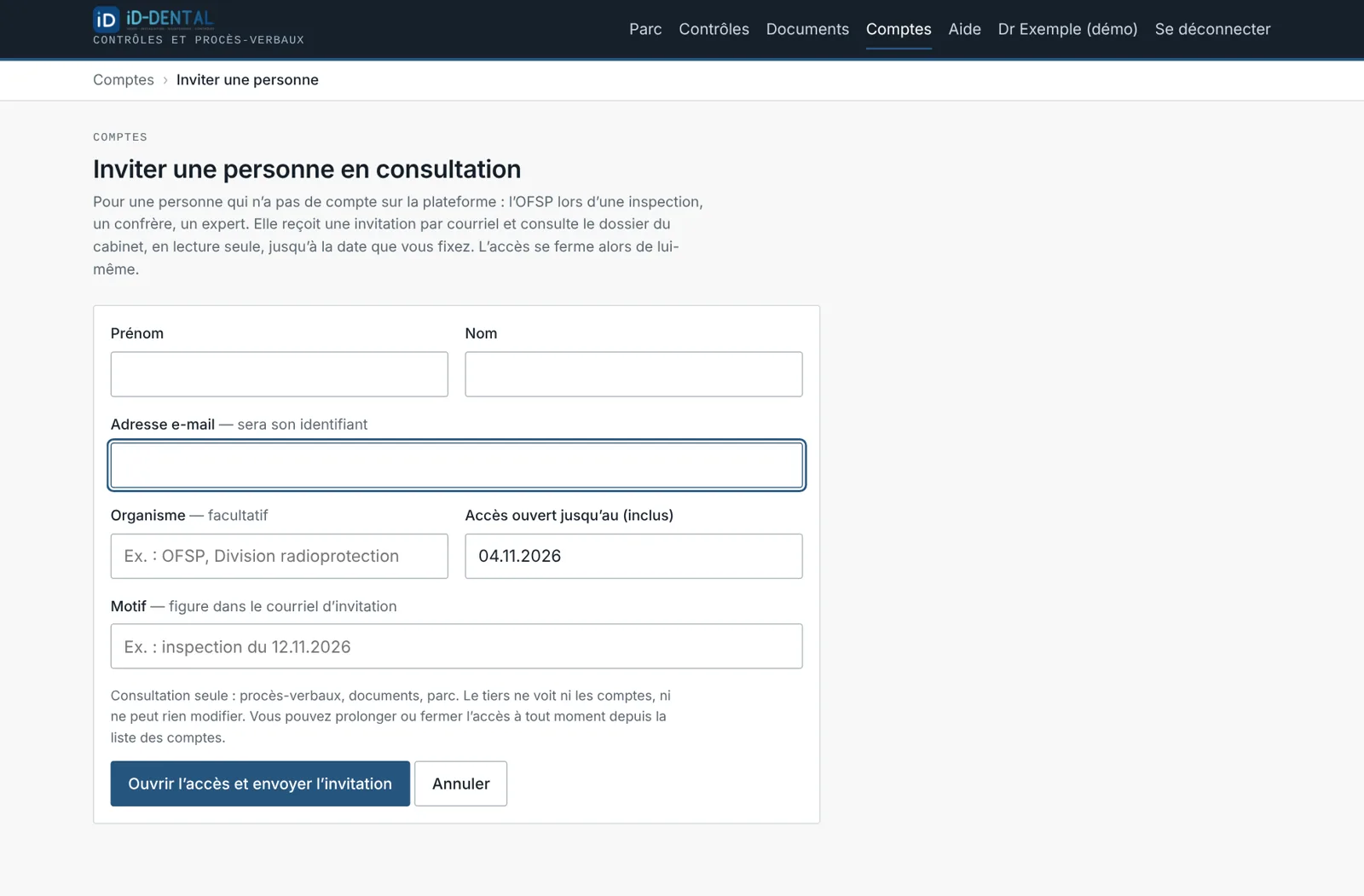Formulaire d'invitation d'une personne en consultation