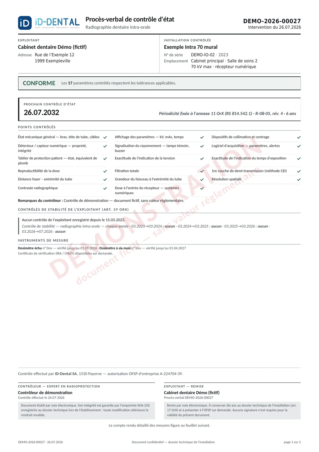Première page d'un procès-verbal de contrôle d'état, en filigrane démonstration