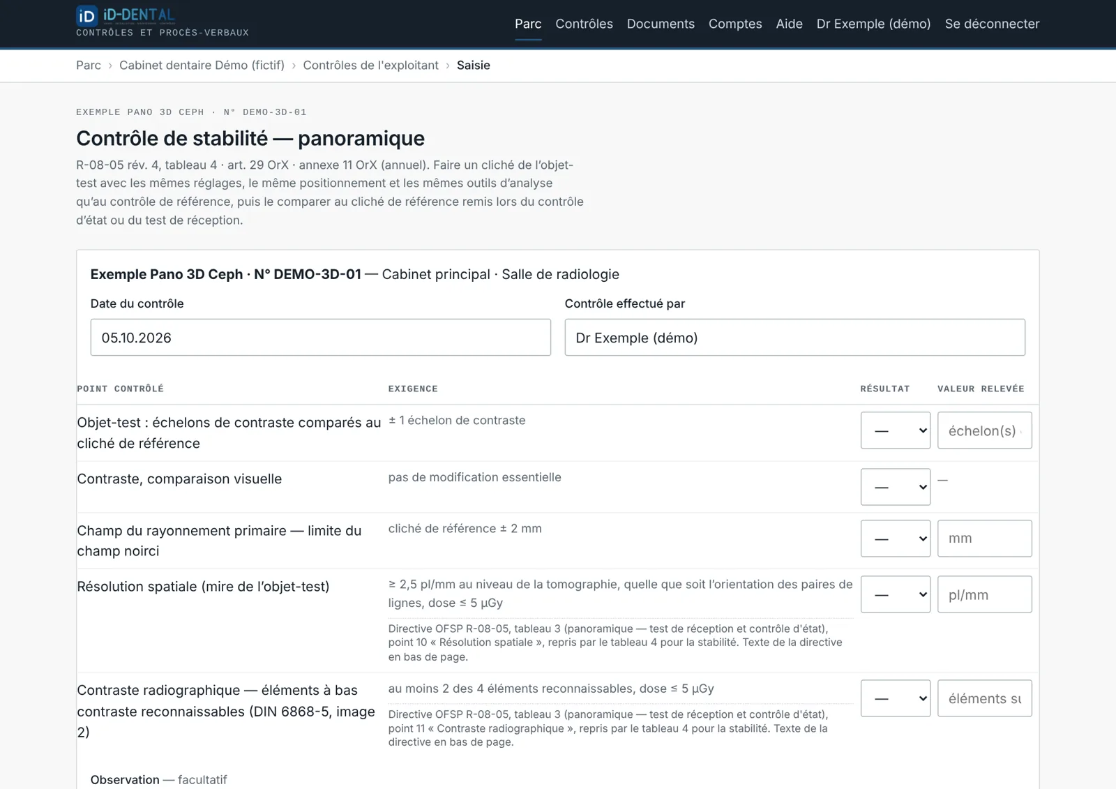Formulaire de contrôle de stabilité d'un panoramique